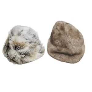 FAUX FUR Bucket Hats Lot of 2 Cossack Hats Vintage Sears Mob Wife Elegant Cozy